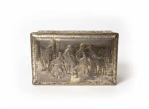 Vintage-Embossed-Brass-Clad-Log-Box-with-Tavern-Scene