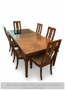 Burl-Wood-Dining-Table-with-Black-Lacquer-Inset-and-Chairs