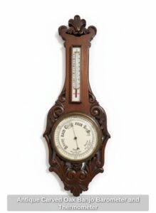 Antique-Carved-Oak-Banjo-Barometer-and-Thermometer