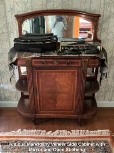 Antique-Mahogany-Veneer-Side-Cabinet-with-Mirror-and-Open-Shelving