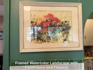 Framed-Watercolor-Landscape-with-Farmhouse-and-Flowers