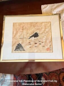 Japanese-Ink-Painting-of-Bird-and-Fish-by-Watanabe-Seitei
