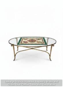 LaBarge-Style-Hollywood-Regency-Brass-and-Glass-Oval-Coffee-Table-with-Decorative-Insert-1