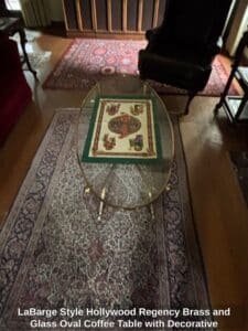 LaBarge-Style-Hollywood-Regency-Brass-and-Glass-Oval-Coffee-Table-with-Decorative-Insert