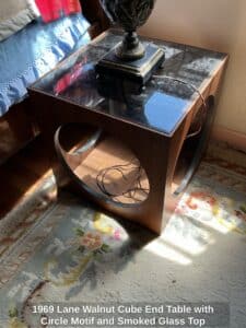 Lane-Walnut-Cube-End-Table-with-Circle-Motif-and-Smoked-Glass-Top