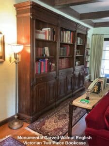 Monumental-Carved-Walnut-English-Victorian-Two-Piece-Bookcase