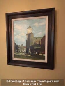 Oil-Painting-of-European-Town-Square-and-Roses-Still-Life