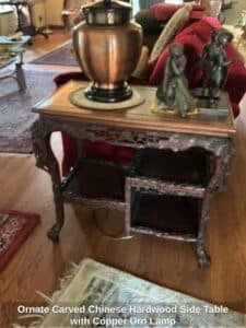 Ornate-Carved-Chinese-Hardwood-Side-Table-with-Copper-Urn-Lamp