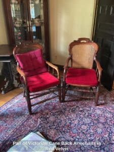 Pair-of-Victorian-Cane-Back-Armchairs-in-Red-Velvet