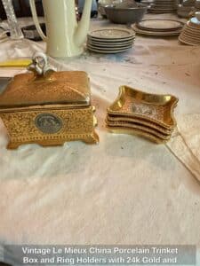 Vintage-Le-Mieux-China-Porcelain-Trinket-Box-and-Ring-Holders-with-k-Gold-and-Platinum-Decoration
