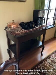 Vintage-Wooden-Side-Table-with-Copper-and-Glass-Serving-Dish-Set