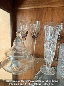 Ion-Tamaian-Hand-Painted-Decorative-Wine-Glasses-and-Etched-Glass-Lidded-Jar