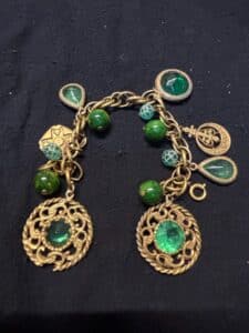 Vintage-Charm-Bracelet-with-Green-Cabochons-and-Filigree-Pendants
