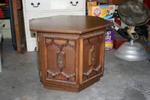 Vintage-Magnavox-Hexagonal-End-Table-with-Woven-Inlay-and-Brass-Pulls