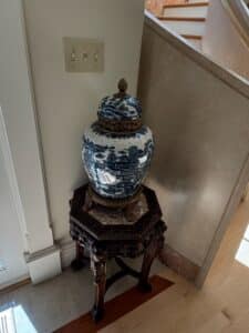 Blue-and-White-Chinoiserie-Temple-Jar-with-Brass-Mounts-on-Carved-Pedestal-second-image