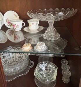 Assorted-Vintage-Pressed-Glassware-and-Floral-China-Set