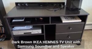 Dark-Brown-IKEA-HEMNES-TV-Unit-with-Samsung-Soundbar-and-Speaker