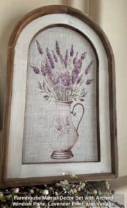 Farmhouse-Mantel-Decor-Set-with-Arched-Window-Pane-Lavender-Print-and-Vintage-Clock-second-image
