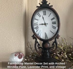 Farmhouse-Mantel-Decor-Set-with-Arched-Window-Pane-Lavender-Print-and-Vintage-Clock-third-image