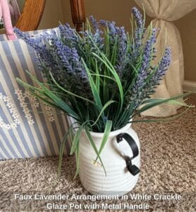 Faux-Lavender-Arrangement-in-White-Crackle-Glaze-Pot-with-Metal-Handle