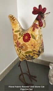 Floral-Fabric-Rooster-and-Stone-Cat-Figurine-Set