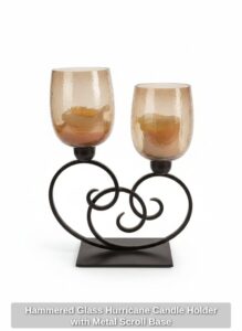 Hammered-Glass-Hurricane-Candle-Holder-with-Metal-Scroll-Base