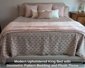 Modern-Upholstered-King-Bed-with-Geometric-Pattern-Bedding-and-Plush-Throw