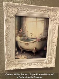 Ornate-White-Rococo-Style-Framed-Print-of-a-Bathtub-with-Flowers