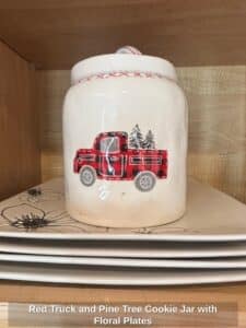 Red-Truck-and-Pine-Tree-Cookie-Jar-with-Floral-Plates