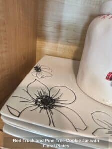 Red-Truck-and-Pine-Tree-Cookie-Jar-with-Floral-Plates-second-image