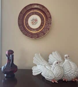 Ruby-Red-Glass-Decanter-and-White-Ceramic-Doves-Figurine