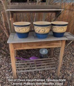 Set-of-Three-Hand-Painted-Talavera-Style-Ceramic-Planters-with-Wooden-Stand