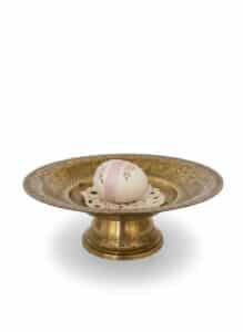Victorian-Brass-Compote-with-Hand-Painted-Egg-on-Iridescent-Bicentennial-Glass-Plate