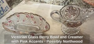 Victorian-Glass-Berry-Bowl-and-Creamer-with-Pink-Accents-Possibly-Northwood-Grape-Gothic-Arch
