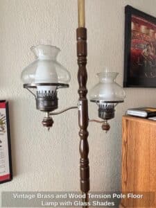 Vintage-Brass-and-Wood-Tension-Pole-Floor-Lamp-with-Glass-Shades