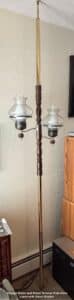 Vintage-Brass-and-Wood-Tension-Pole-Floor-Lamp-with-Glass-Shades-second-image
