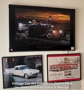 Vintage-Car-Art-Collection-Helen-Flint-Joy-Ride-featuring-Elvis-Marilyn-Ford-Thunderbird-De-Soto-Advertisement