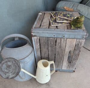 Vintage-Galvanized-Watering-Can-and-Cream-Colored-Plastic-Watering-Can-with-Wooden-Crate