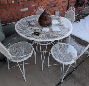 Vintage-White-Wrought-Iron-Patio-Set-by-Woodard-with-Table-and-Four-Chairs