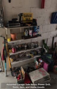 Assorted-Garage-Sale-Items-Power-Drill-Tools-Jars-and-Home-Goods-1