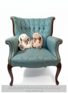 Collection-of-Plush-Bunnies-on-a-Vintage-Teal-Armchair