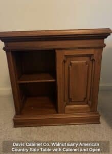 Davis-Cabinet-Co.-Walnut-Early-American-Country-Side-Table-with-Cabinet-and-Open-Shelf