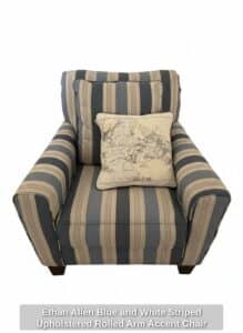 Ethan-Allen-Blue-and-White-Striped-Upholstered-Rolled-Arm-Accent-Chair