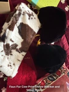 Faux-Fur-Cow-Print-Throw-Blanket-and-Velvet-Poufs