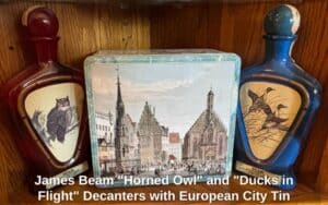 James-Beam-Horned-Owl-and-Ducks-in-Flight-Decanters-with-European-City-Tin