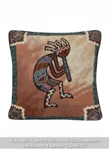 Kokopelli-Tapestry-Pillow-and-Southwestern-Landscape-Tapestry-Signed-SV
