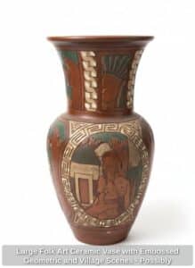 Large-Folk-Art-Ceramic-Vase-with-Embossed-Geometric-and-Village-Scenes-Possibly-Mexican-or-Southwestern