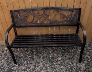 Metal-Garden-Bench-with-Mountain-and-Pine-Tree-Scene-Backrest