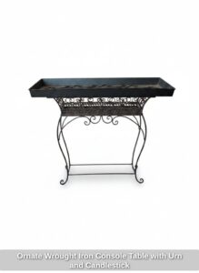Ornate-Wrought-Iron-Console-Table-with-Urn-and-Candlestick