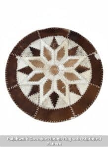 Patchwork-Cowhide-Round-Rug-with-Starburst-Pattern